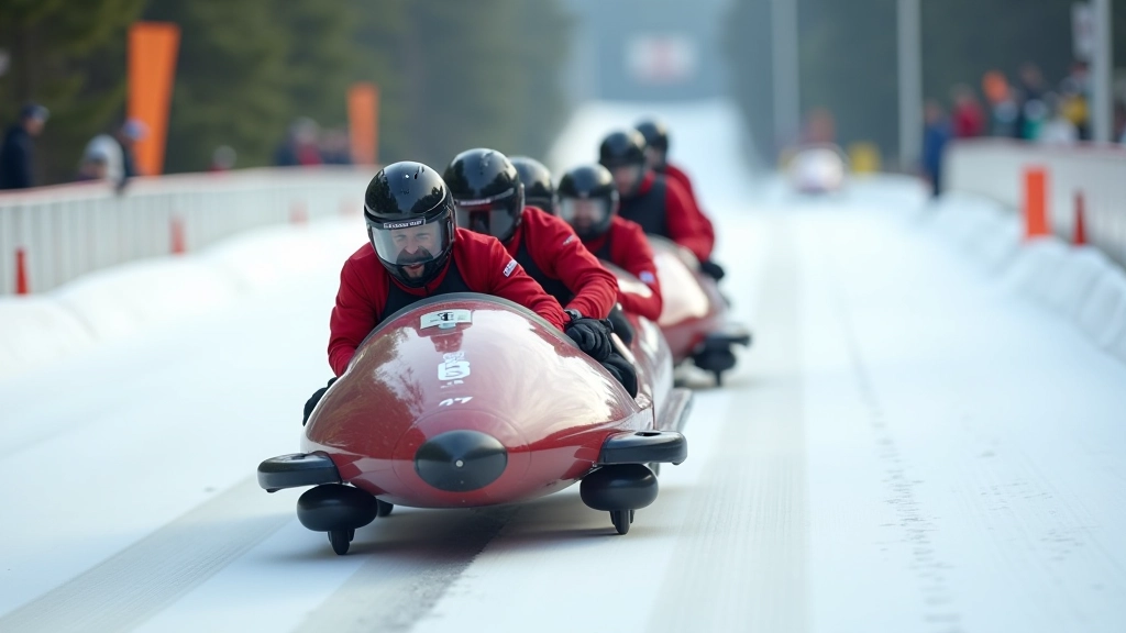 Team of four riders in vuchko sled during summer visitor ride at britbell track showing acceleration phase