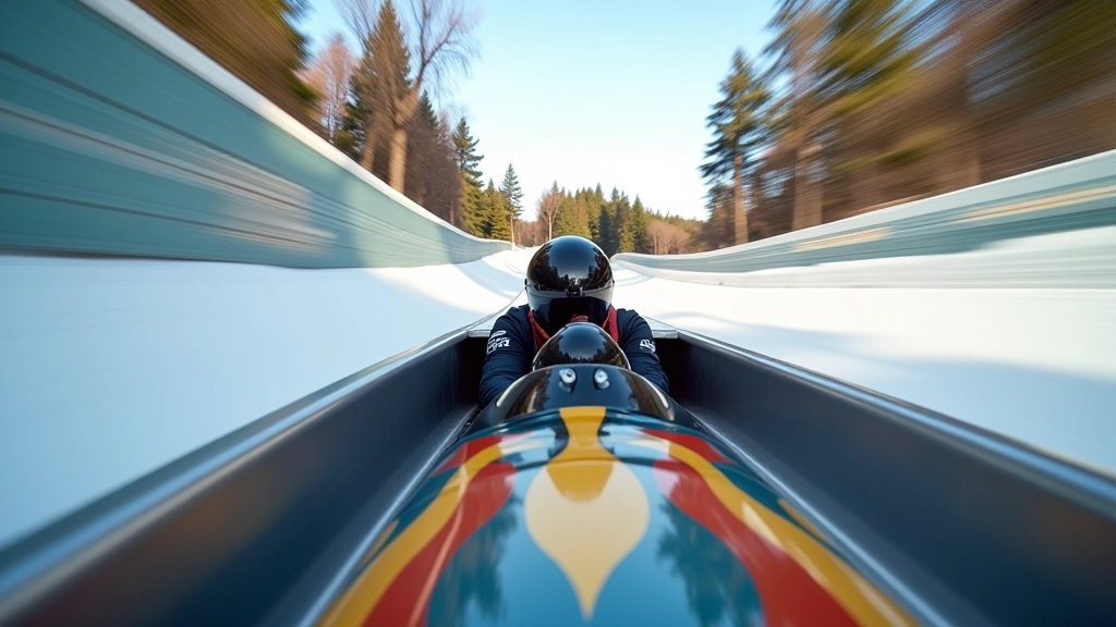 Interior view of bobsled on britbell track showing tight turn and banking with riders in protective gear