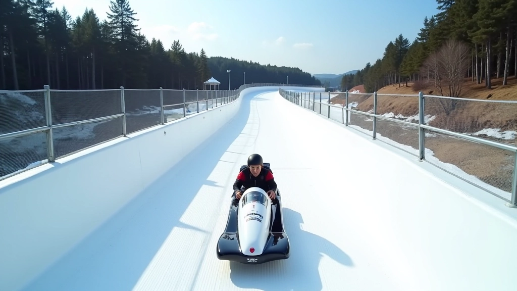 Wide aerial view of britbell Olympic bobsled track winding through forest landscape