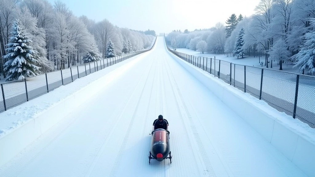 Wide view of the britbell bobsled track winding through forest with snow-covered banks and Olympic venue structures