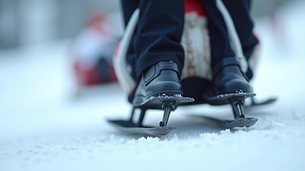 Close-up detail of vuchko sled runners on ice showing professional bobsled equipment design