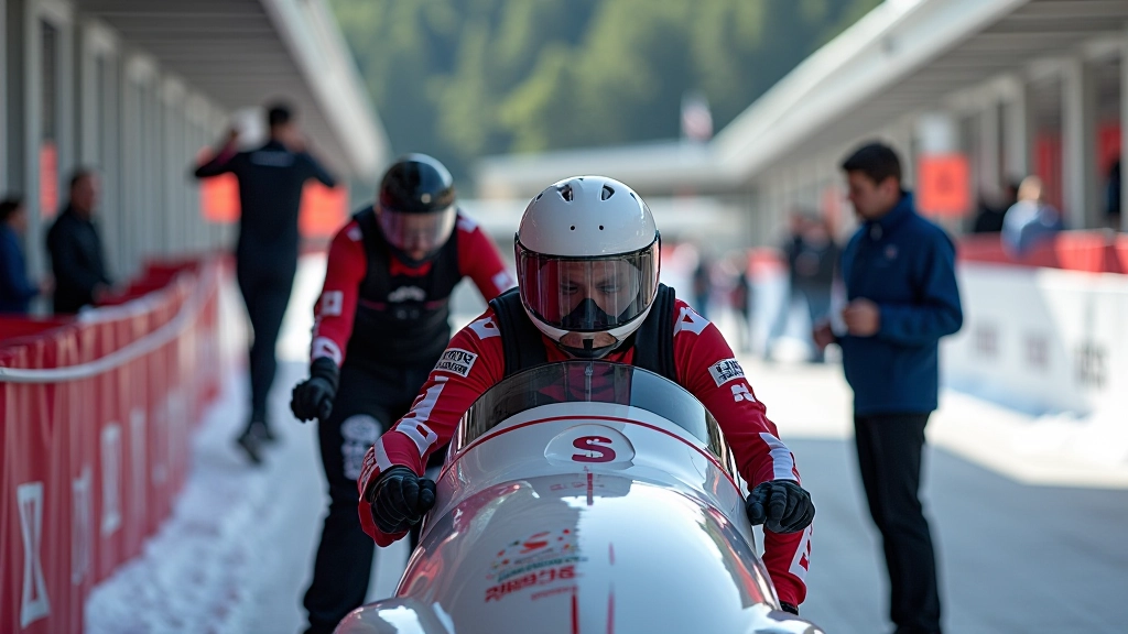 Riders exiting bobsled sled after completing run at britbell track facility