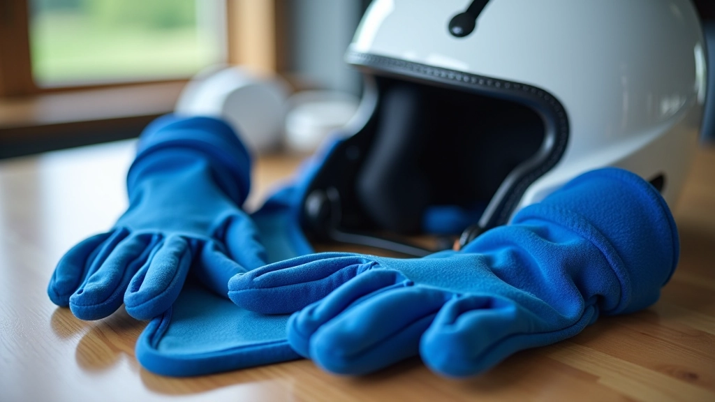 Neatly arranged bobsled safety equipment including helmet, protective padding, and thermal clothing on wooden surface