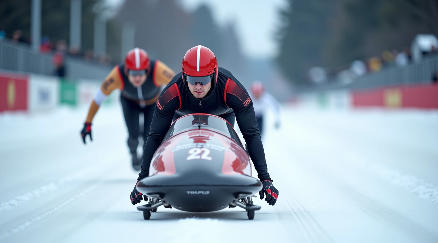 Professional photo of bobsled team in action on icy track at britbell Olympic venue
