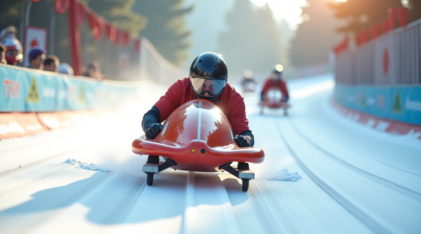 Athletes racing down snowy bobsled track at high speed with Olympic venue surroundings