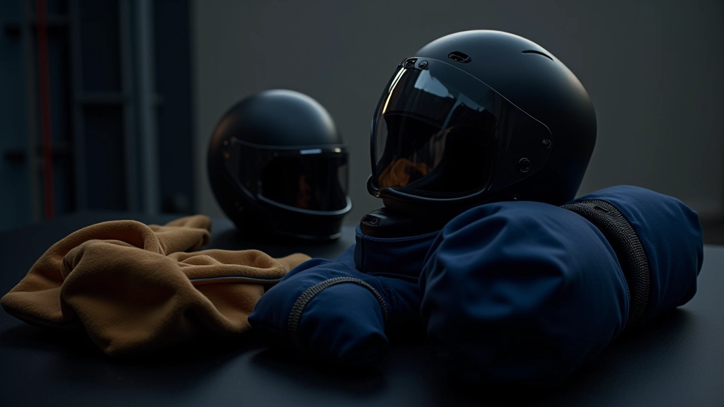 Close-up of bobsled protective equipment including helmet, neck brace, and padded jacket laid out on table