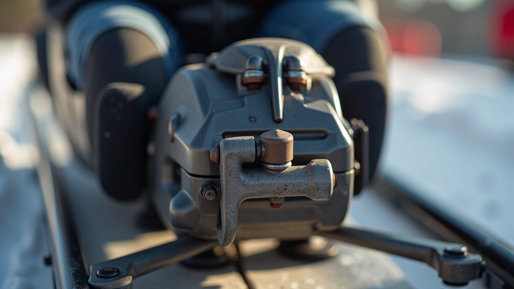 Detail view of vuchko sled brake mechanism showing mechanical components and lever system used by brake rider