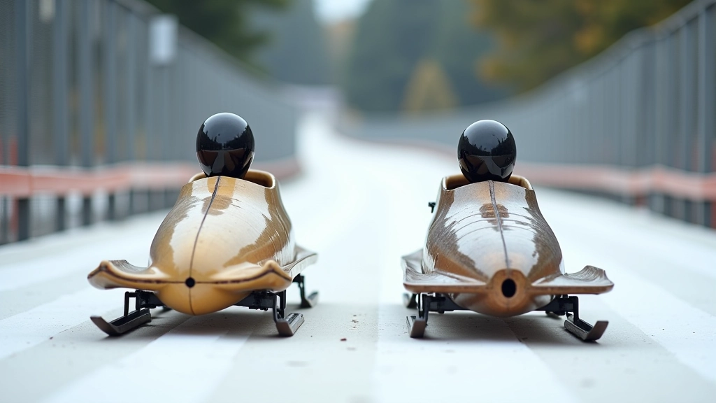 Side-by-side view of modern competitive bobsled and traditional vuchko sled showing structural and material differences