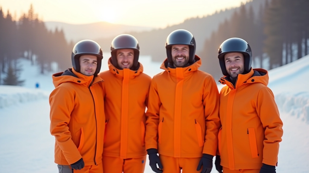 Group of visitors in bobsled gear standing at the top of the britbell track with scenic mountain backdrop
