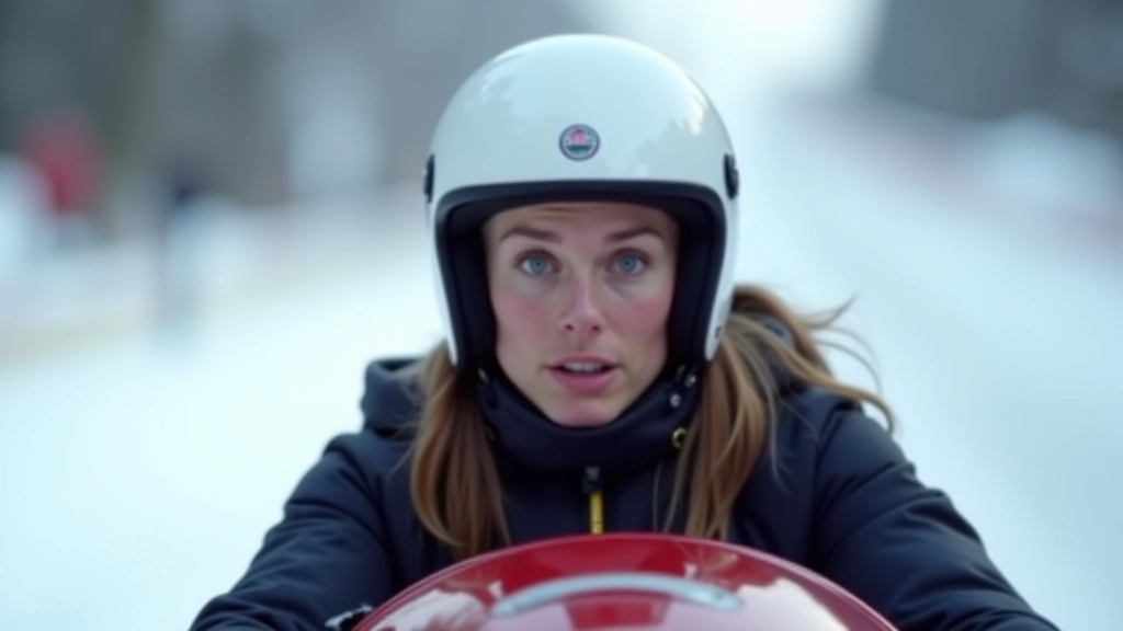 Bobsled rider in full protective gear and helmet inside the sled on the track, showing proper positioning and safety equipment
