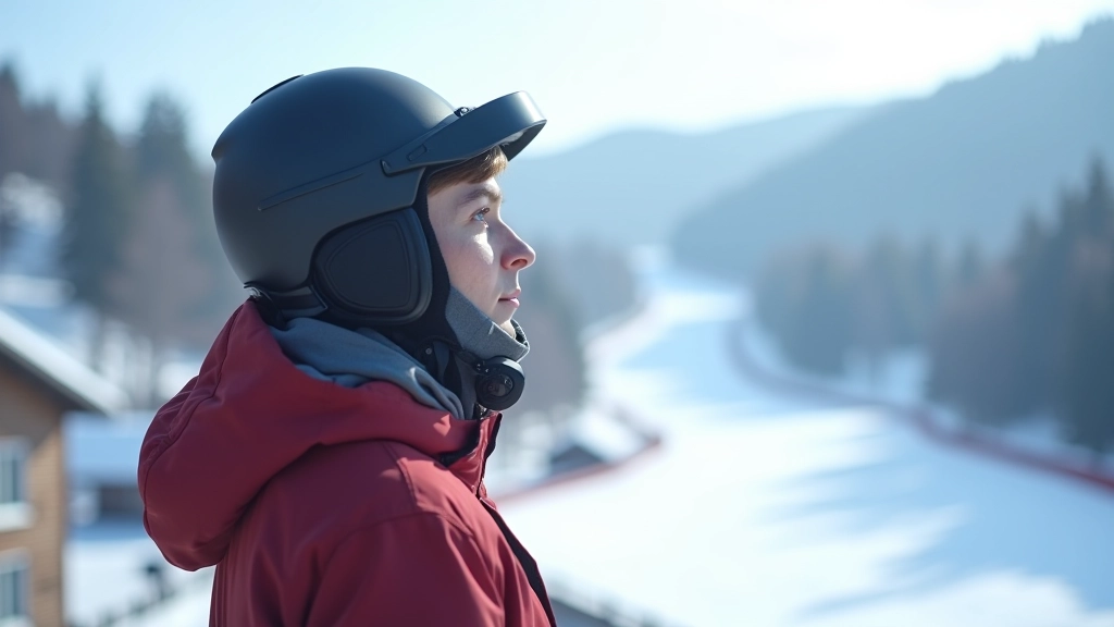 Visitor standing at the top of the bobsled track with scenic mountain landscape, showing calm confident posture before the ride