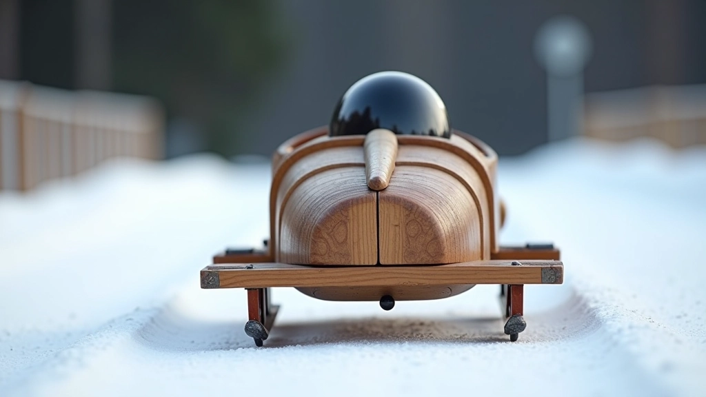 Traditional vuchko sled positioned on ice track with wooden structure visible and professional team standing nearby
