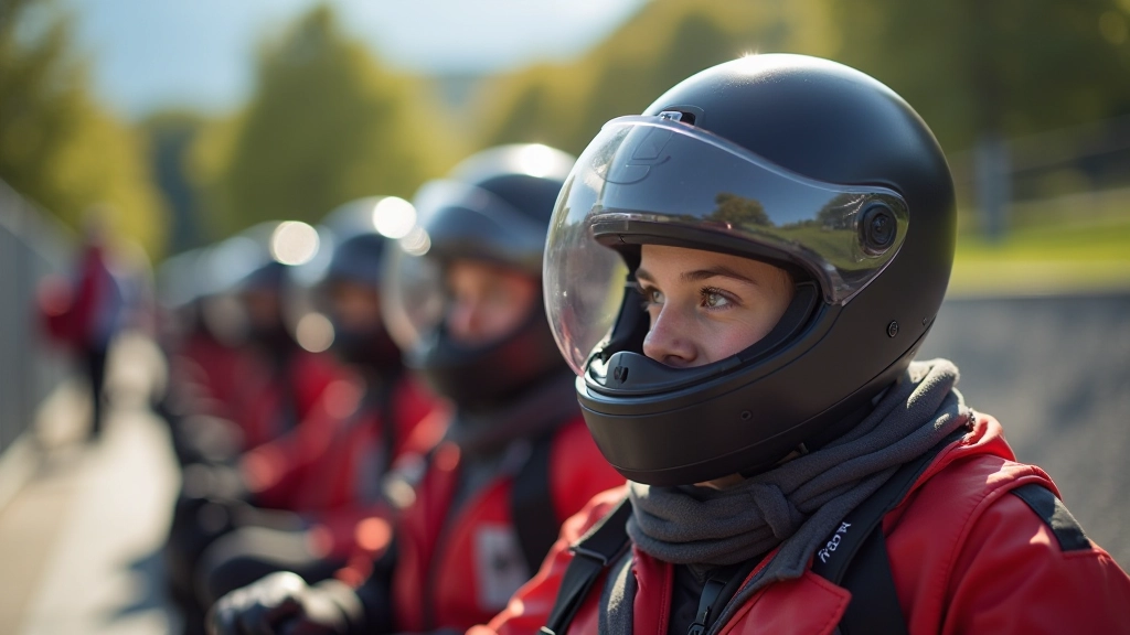 Visitor bobsled riders wearing helmets and protective gear during britbell track ride experience