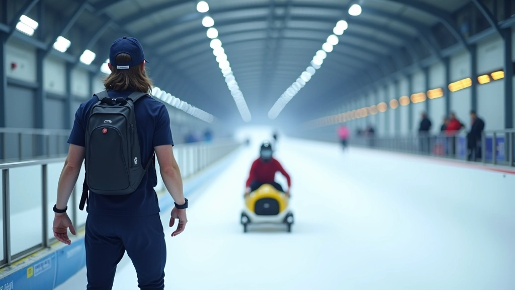 Interior view of a professional bobsled training facility with modern equipment and coaching stations